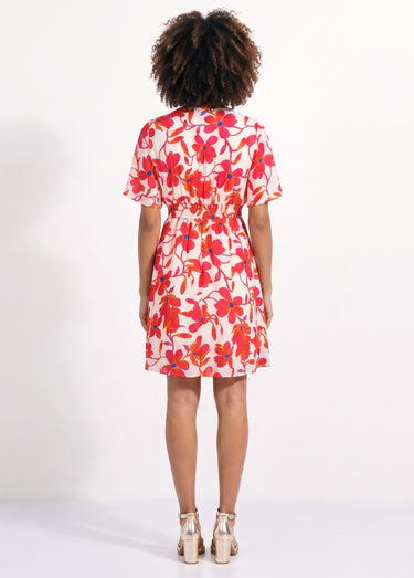 Robe élégante fleurie taille haute Rouge/Ecru