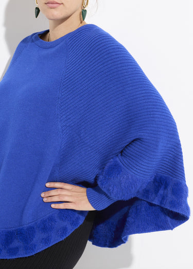 Poncho cape maille coeurs et col rond Bleu Vif