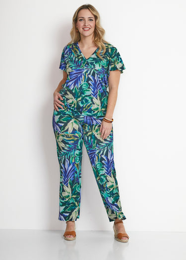 Tee-shirt cache-coeur manches papillon Bleu/Vert