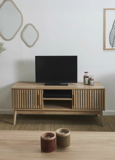 Meuble TV en bois claustra, 2 portes Marron