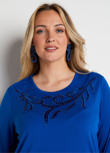 T-shirt court col rond résille brodé strass Bleu
