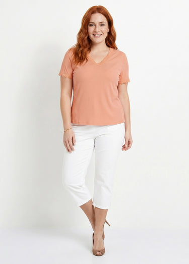 T-shirt col V fines côtes dentelle manches courtes Saumon