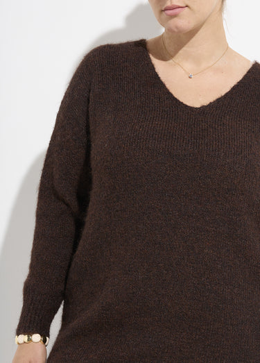 Robe pull longue col V avec laine Chocolat