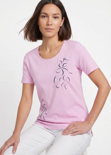 T-shirt long broderie placée fleurs Rose