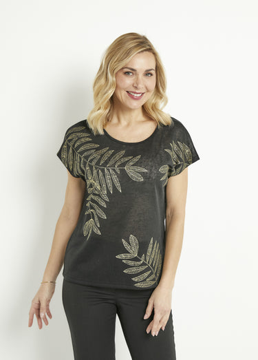 T-shirt col rond maille flammée motif doré Noir