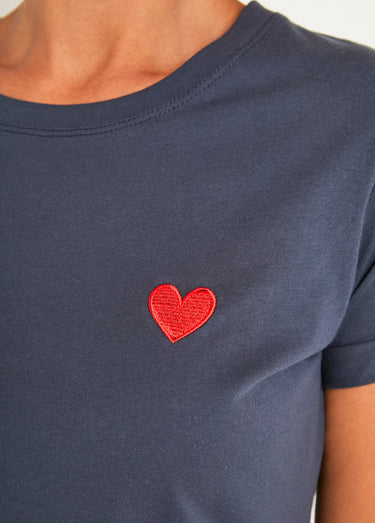 T-shirt col rond broderie coeur poitrine Marine
