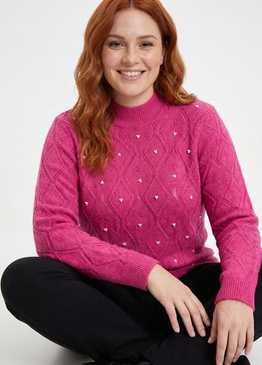 Pull doux ajouré perlé col montant Rose