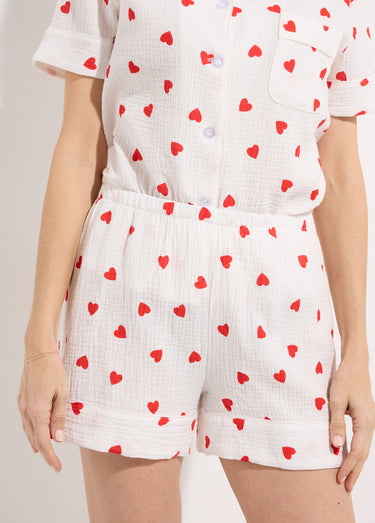 Pyjama short gaze de coton et cœurs Blanc