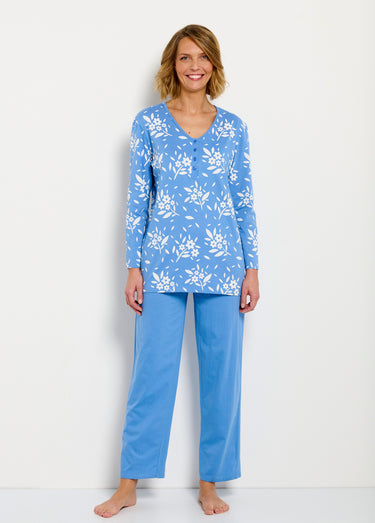 Pyjama col V boutonné coton manches longues Bleu