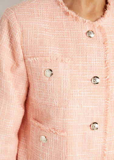 Veste sans col boutonnée courte tissu natté uni Abricot