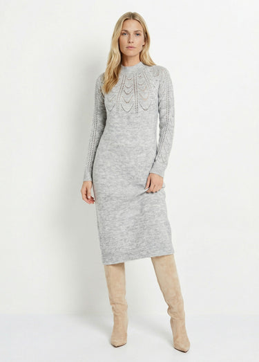 Robe-pull courte tricot ajouré col rond Gris Clair Chine
