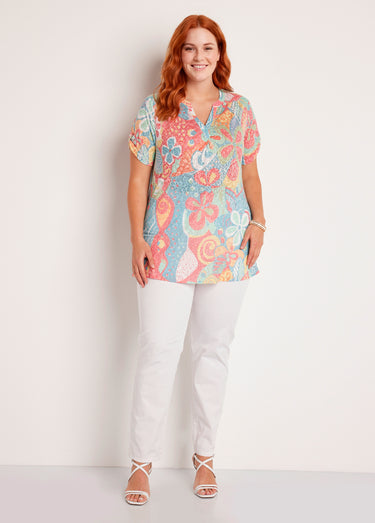 T-shirt long ample fleuri manches courtes Multicolore