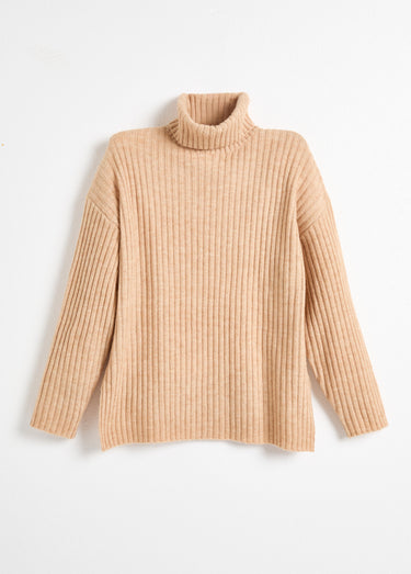 Pull col roulé manches longues descendues Uni Camel