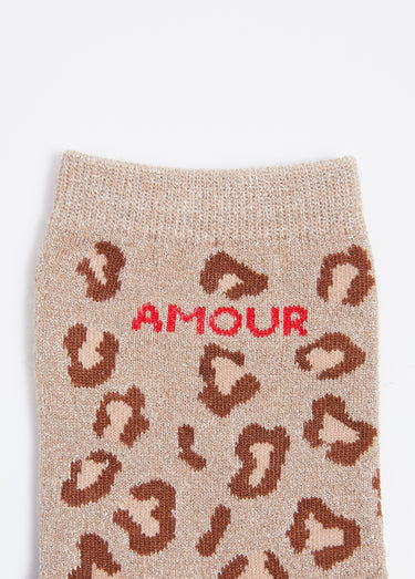 Chaussettes AMOUR, motif léopard métallisé Beige