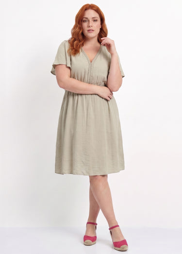 Robe courte col V, avec ganse tressée Kaki