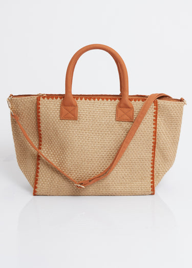 Sac trapèze en jute, poignées coton Camel