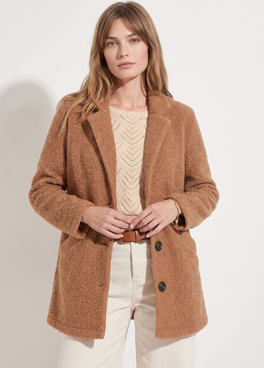 Manteau tissu bouclette mi-long boutonné Camel