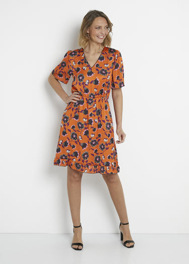 Robe satinée fleurie manches papillon Orange Imprime