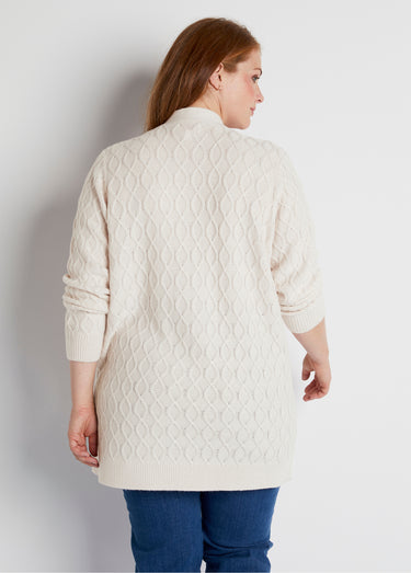 Gilet long boutonné torsades col V Ecru