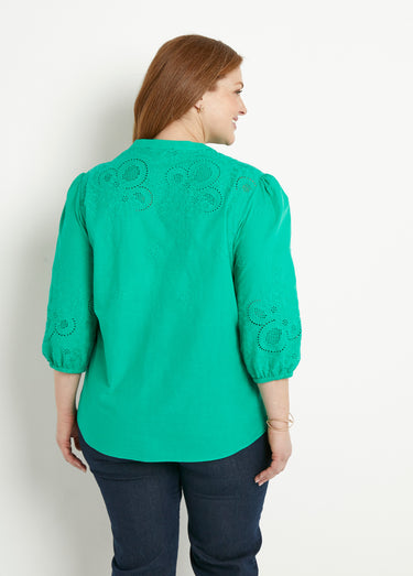 Chemisier long coton brodé manches 3/4 Vert