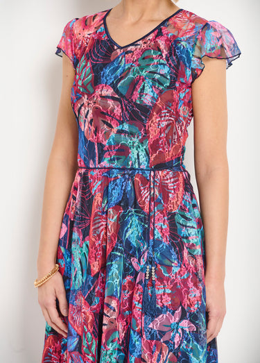 Robe courte col V dentelle imprimée Multicolore