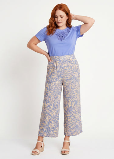 Pantalon large taille élastiquée fleuri ou uni Bleu / Écru