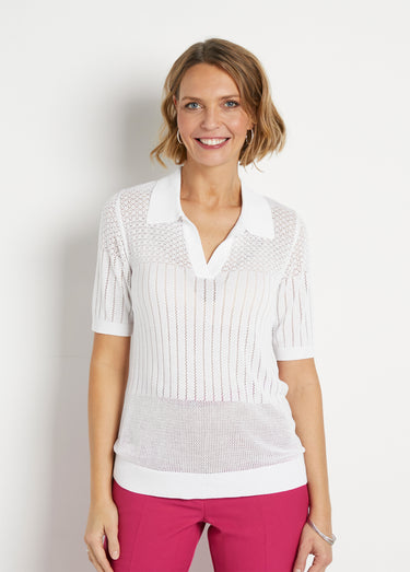 Pull fin col polo ajouré manches courtes Blanc