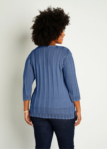 Cardigan boutonnée long ajouré Bleu