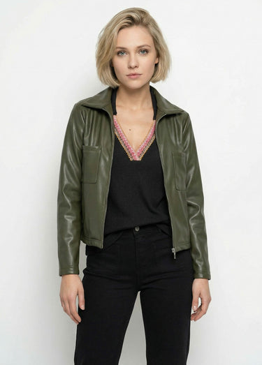 Veste zippée style motard, simili cuir Kaki