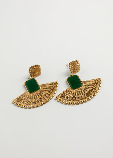 Boucles d'oreille acier forme éventail Dore/Vert
