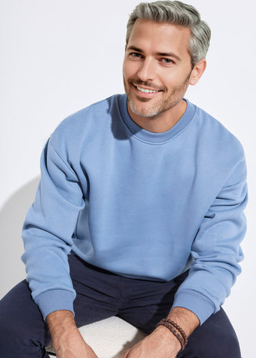 Sweat shirt col rond, détails bord cotes Bleu