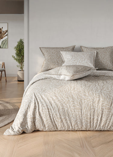 Parure housse de couette coton, feuilles Beige