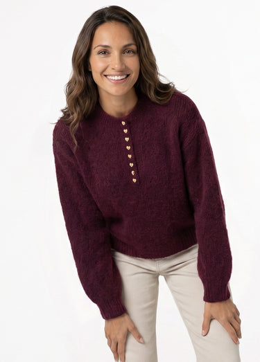Pull avec laine, col rond boutons métal Bordeaux