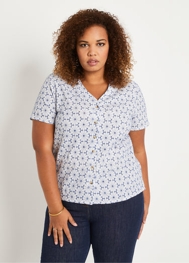 Chemisier long col V brodé Blanc/Bleu
