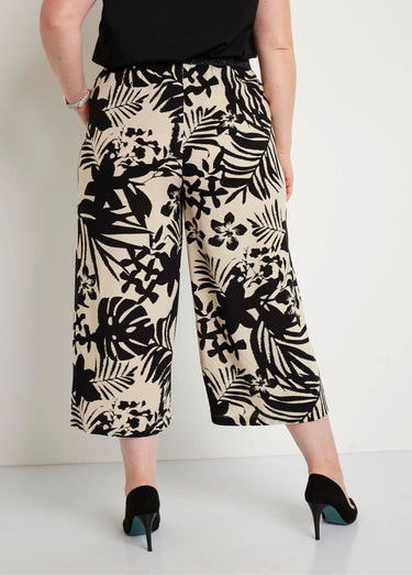 Pantacourt large fluide ceinture élastiquée Noir/Beige