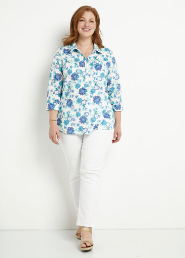 Chemisier boutonné long coton imprimé fleurs Imprime/Bleu