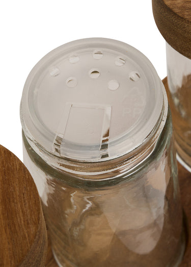 Set 6 pots épices verre + plateau acacia Bois