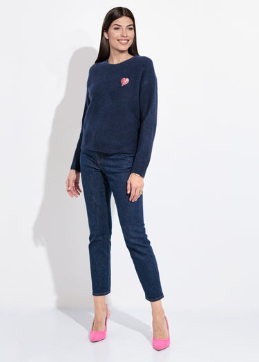 Pull col rond détail motif sequins Marine