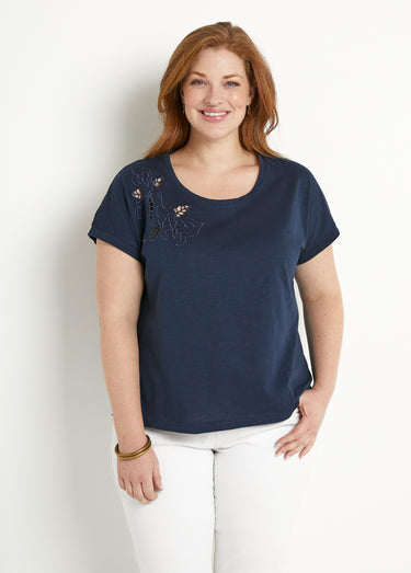 T-shirt brodé ajouré manches courtes Marine
