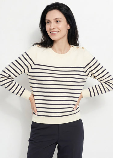 Pull marin épais rayé boutons épaules Ecru Raye Marine