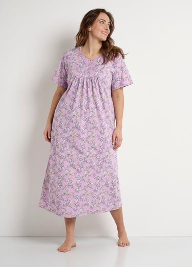 Chemise de nuit longue coton manches courtes Rose