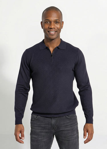 Pull col polo zippé, maille chevrons Marine