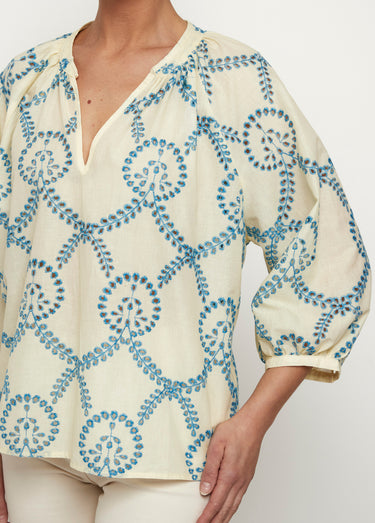 Blouse ample broderies ajourées manches 3/4 Ecru