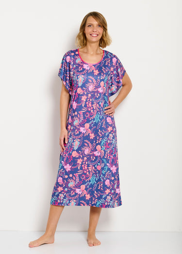 Robe d'hôtesse longue satinée imprimé floral Fond Marine