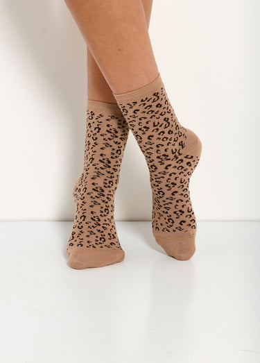 Mi-chaussettes bord cotes, motif léopard Beige Lot3