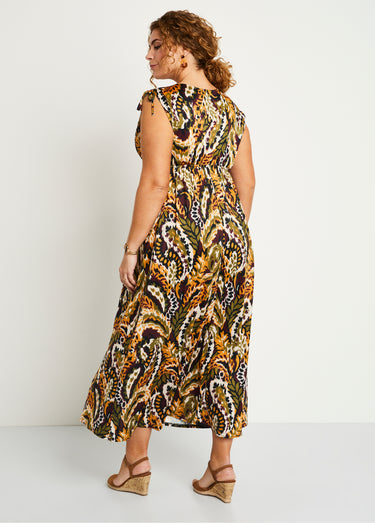 Robe longue col V imprimée sans manches Ocre/Vert