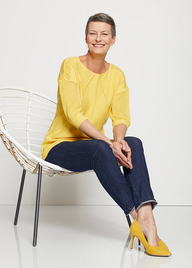 Pull en maille ajourée, manches 3/4 Jaune