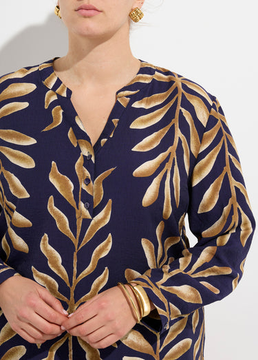 Tunique col V boutonné, motif feuilles Marine/Beige