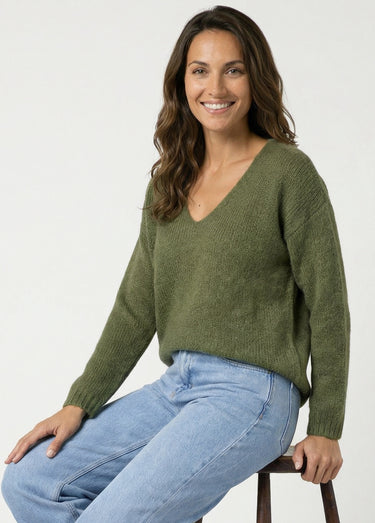 Pull chaud col V en maille avec mohair Kaki