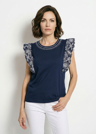 T-shirt brodé jersey et voile coton Marine / Blanc